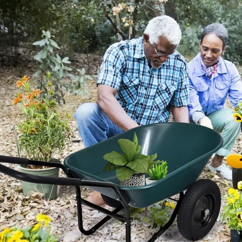 Miniatura 3 de Carretilla de jardín de 2 ruedas, carrito de jardín resistente, fácil carga y descarga para césped al aire libre, patio, granja, rancho, verde