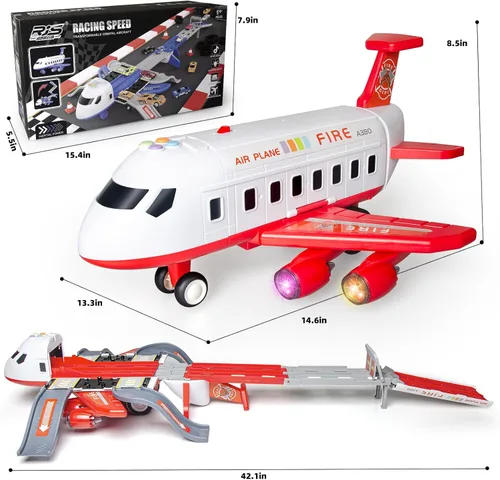 Miniatura 7 de Juguete de avión con pista de carreras plegable de 4 capas, avión de transporte con 6 autos de carreras, luces LED y sonidos, juguetes para niños
