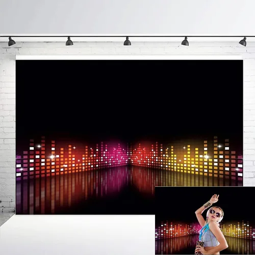 Miniatura 10 de Yeele Telón de fondo de discoteca para club nocturno, fiesta musical de neón de los años 90, escenario brillante con luces, decoración de pared