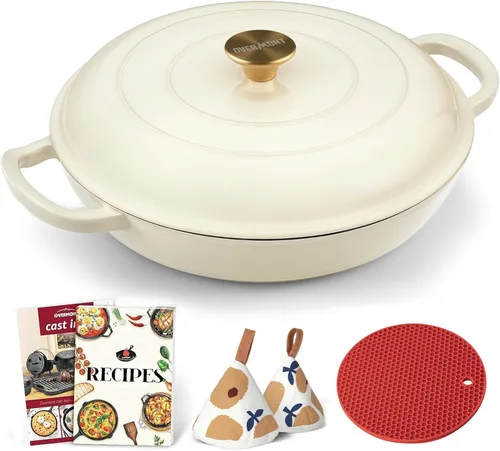 Miniatura 9 de Overmont Horno holandés de hierro fundido esmaltado, olla holandesa de 3.8 cuartos de galón con tapa, sartén poco profunda para estofar, cacerola