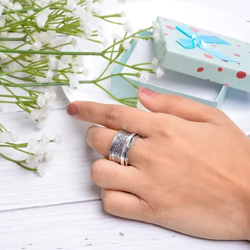 Miniatura 3 de DAMRU Spinner Ring For Women 925 Sterling Silver Plated Spinning Oxidized Handmade Concave Boho Band Fidget Rings- All Sizes