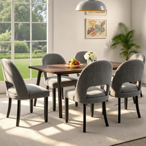 Miniatura 22 de Juego de 2 sillas de comedor de madera, modernas sillas de comedor tapizadas para cocina con tela de lino y respaldo abierto, patas de madera