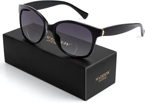 Madison Avenue Lentes de sol bifocales vintage para mujer, estilo clásico de diseño, protección UV, lentes de lectura solar, color negro +100