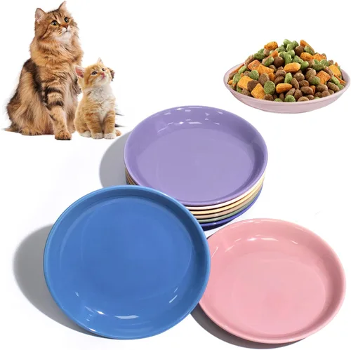 Paquete de 8 tazones de cerámica para comida de gato, cuencos coloridos para gatos aptos para bigotes, platos anchos poco profundos de 5.9" para
