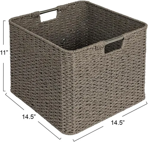 Miniatura 2 de Household Essentials Cesta tejida cuadrada, cubo de cuerda de papel con asas de acero inoxidable, gris