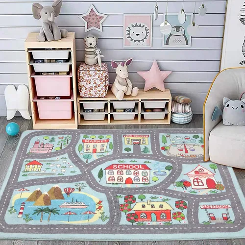 Alfombra extragrande para sala de juegos para niños, 4 x 6 pies, alfombra educativa azul de juegos para niños, para aprender y divertirse de forma