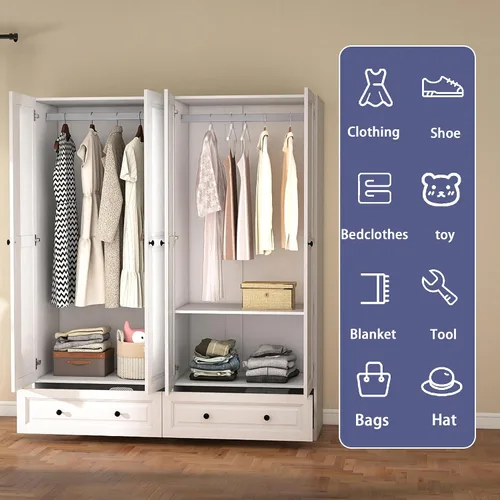 Miniatura 8 de Armario Armario con cajones: Armario cerrado con puertas, Armario alto con barra para colgar, armario grande de madera para dormitorio con puertas