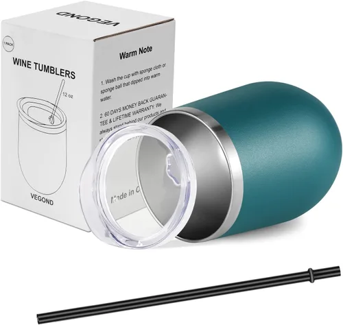 Miniatura 5 de Vaso de vino VEGOND de 12 oz hecho de acero inoxidable, térmico con tapa y pajita, vaso de vino con aislamiento al vacío y doble pared, sin tallo