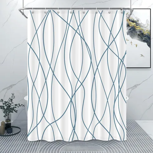 Miniatura 16 de Juego de cortinas de ducha azul egeo para baño con ganchos, cortinas de baño decorativas repelentes al agua y lavables con rayas blancas, 72 x 72