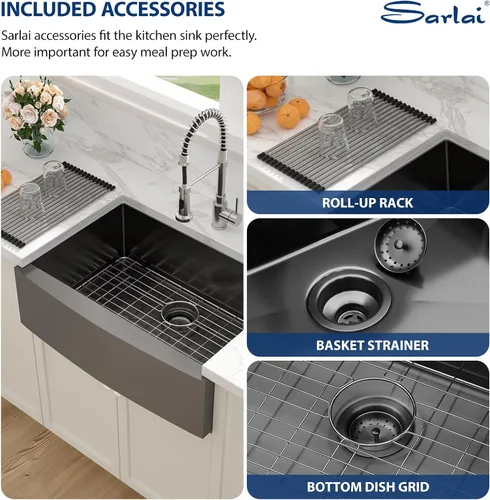 Miniatura 7 de Sarlai Fregadero negro de granja – Fregadero de cocina frontal con delantal de 30 pulgadas x 22 pulgadas, fregadero de cocina estilo casa de campo