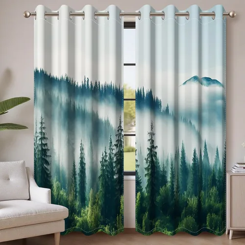 Miniatura 57 de AWERT Cortinas opacas para dormitorio, árbol negro con niebla, naturaleza, amanecer, bosque, 2 paneles para sala de estar, bloqueo de calor, 21 x 45
