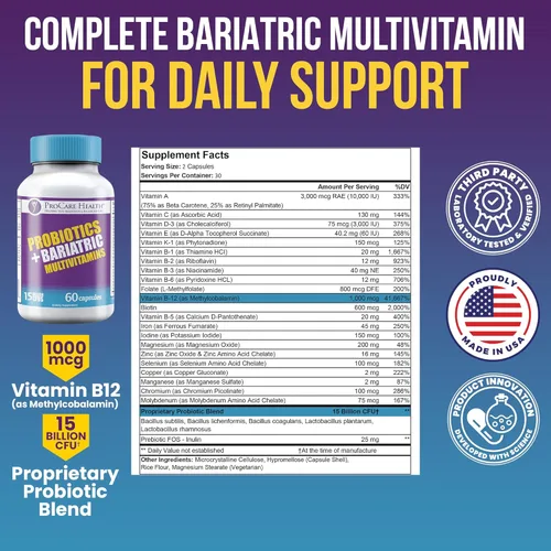 Miniatura 2 de ProCare Health Multivitamínico bariátrico probiótico con hierro de 45 mg (60 unidades) - 15 mil millones de UFC probiótico bariátrico cápsulas