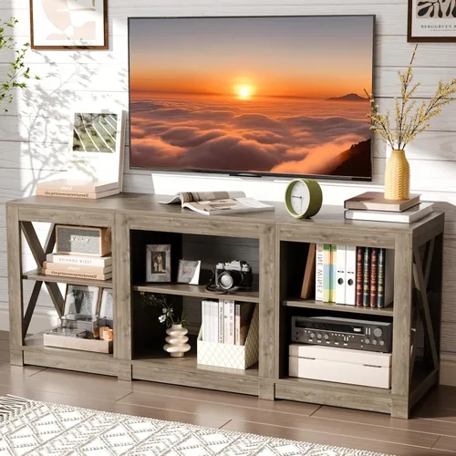 Miniatura 2 de VINGLI Soporte de TV para TV de 70 pulgadas, centro de entretenimiento de granja con almacenamiento, mesa consola de TV moderna de mediados de siglo