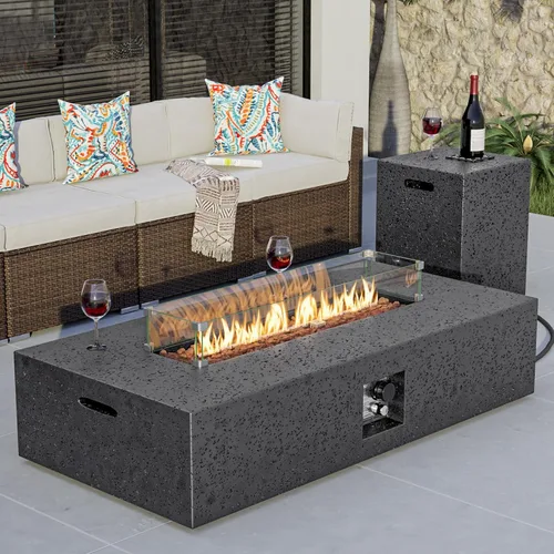 Miniatura 18 de COSIEST mesa de fogata a propano para exteriores de 35 pulgadas cuadrada de arenisca con protector contra el viento y mesa lateral, certificada