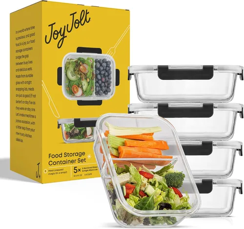 Miniatura 8 de JoyJolt Contenedores divididos para almacenamiento de alimentos con tapas herméticas. Paquete de 5 recipientes de vidrio para preparación