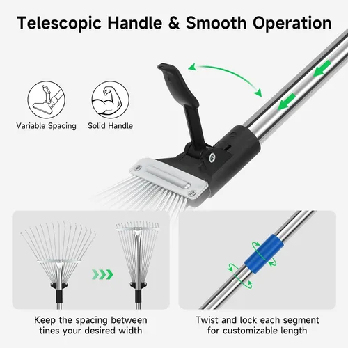 Miniatura 6 de SANLIKE - Rastrillo de hojas de metal ajustable de 68 pulgadas, rastrillo de paja de césped resistente Sturdy metal rake head with extendable