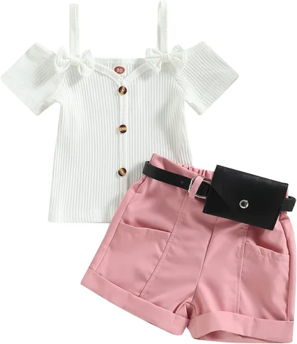 Miniatura 56 de TheFound Trajes de verano para niñas pequeñas, sin mangas, de punto acanalado, halter, pantalones cortos, ropa para recién nacidos, conjunto de 3