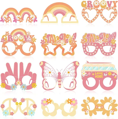Qilery 36 piezas de decoraciones de fiesta de los años 70, regalos hippie Groovy gafas de papel de los años 60, gafas hippie de los años 60, regalos