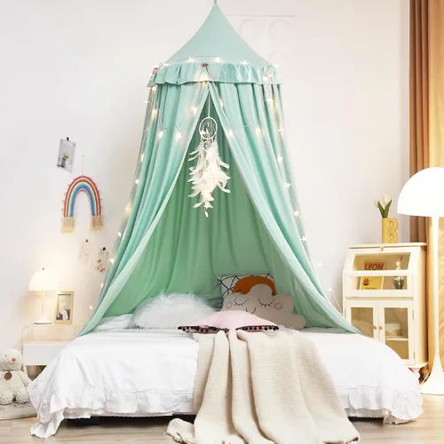 Miniatura 2 de Kertnic - Toldo decorativo para cama de niños, carpa de algodón suave para decoración de habitación de niñas, castillo de princesa de ensueño, Verde