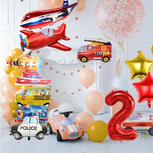 Miniatura 4 de 12 piezas de camiones de transporte, avión, autobús escolar, camión de bomberos, coche de policía, barco, ambulancia, submarino, globo de número