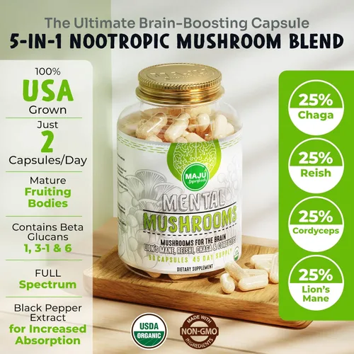 Miniatura 3 de Cápsulas de hongos mentales, suplemento de extracto orgánico con melena de león, cordyceps, reishi y chaga, aumenta tu enfoque, energía, bienestar