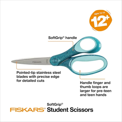 Miniatura 3 de Fiskars SoftGrip Tijeras con purpurina para estudiantes de 7 pulgadas para niños mayores de 12 años, tijeras para la escuela o manualidades, Brillo