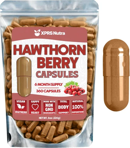 Hawthorn Berry Cápsulas en polvo – 360 unidades (suministro para 6 meses) – Cápsulas de bayas de espino premium para apoyo cardiovascular – Polvo de