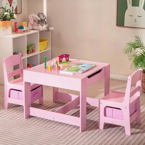 Miniatura 8 de Olakids Juego de mesa y silla para niños, juego de escritorio de madera 3 en 1 con pizarra extraíble, cajón de almacenamiento, mesa de actividades