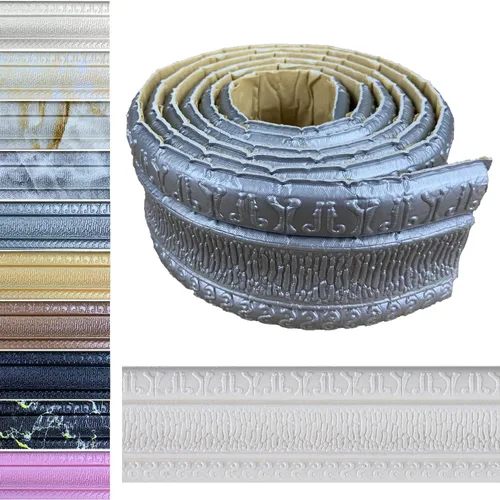 Yutianli Moldura de Corona Despegar y Pegar Borde de Papel Tapiz Base de Pared Flexible Moldura Ribete Autoadhesiva Zócalo de Vinilo Gris Plateado