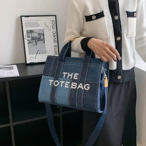 Miniatura 8 de Bolso de mano para mujer, bolso de mano con cremallera, lona, piel sintética, bolso cruzado de mezclilla, bolso de hombro para oficina, viajes