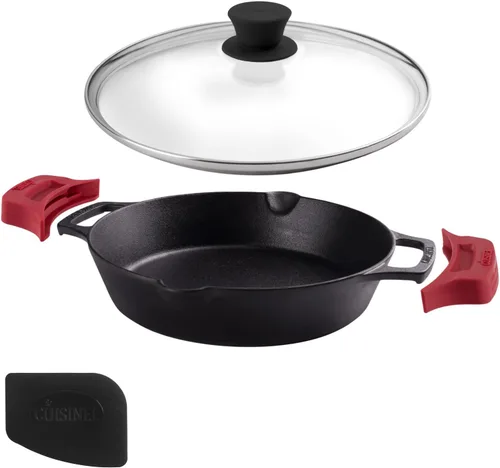 Miniatura 14 de Cuisinel Juego de sartenes de hierro fundido, sartén de 8 pulgadas + 12 pulgadas + tapas de vidrio, utensilios de cocina pre-sazonados, soportes