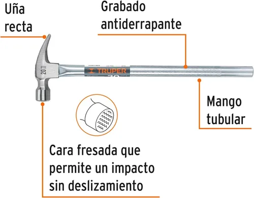 Miniatura 2 de TRUPER SJ-16 Martillo de garra curvado, mango tubular 16 oz (454 g) Mango 13 "(330mm)