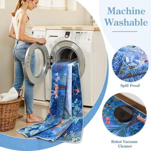 Miniatura 5 de LIVEBOX Alfombra lavable con estampado de animales de la jungla de 5 x 7 pies en azul para sala de estar, alfombras antideslizantes para dormitorio