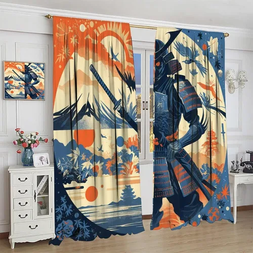 Miniatura 4 de Asian Japanese Samurai Blackout Curtains, Watercolor Floral Sun Mountain Art Style Window Drapes, for Kid Teens Boys Man Living Room Bedroom 42" W X