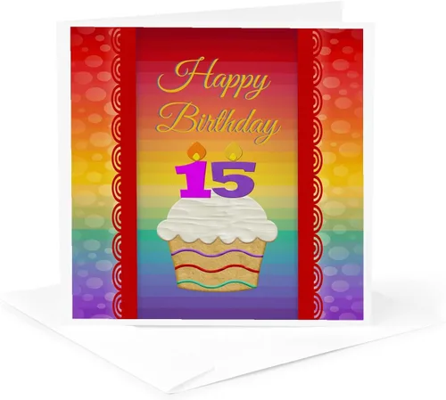 Tarjeta de felicitación - Cupcake con velas de número, cumpleaños de 15 años, diseño de cumpleaños
