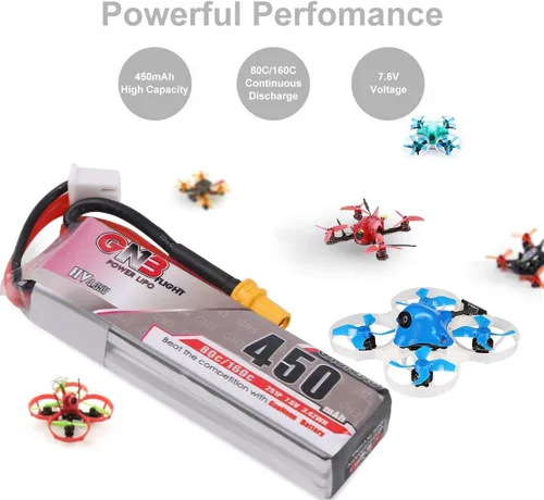 Miniatura 6 de Crazepony 2S HV LiPo Batería, 7.6V 450mAh 80/160C XT30 Plug para basureros Larva X Micro FPV Racing Drone Quadcopter - 2 piezas