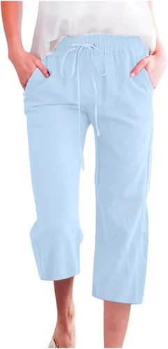 Miniatura 26 de Ceboyel Pantalones capri para mujer para verano, cintura elástica, pantalones de yoga, con cordón, pantalones de lino, pantalones de entrenamiento