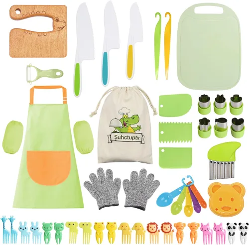 50 piezas de juego de cocina para niños - Cuchillo de madera de cocodrilo seguro para niños, tabla de cortar, delantal, guantes, cortadores de Juego
