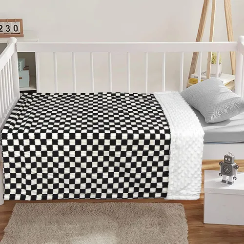 Miniatura 5 de Manta de bebé para niños, cómoda y duradera manta de pana para niños pequeños con respaldo punteado de doble capa, cuadrícula de tablero de ajedrez