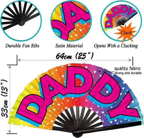 Miniatura 22 de HeyToo Ventilador de mano grande para mujeres/hombres, con brillo UV, para Drag Queen, cosplay, EDM, club, fiesta, música, festival, baile, Cuadrado