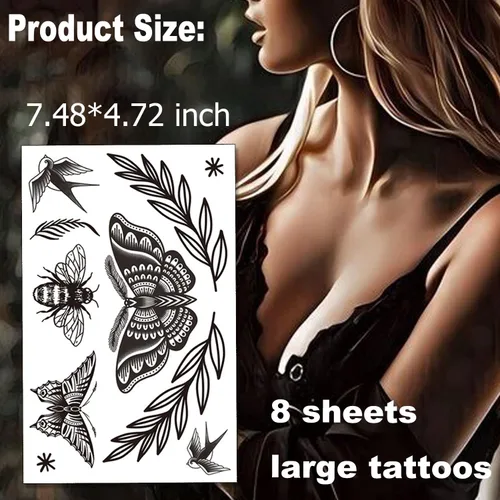 Miniatura 8 de Tazimi 8 hojas de tatuajes temporales grandes en negro para mujeres y niñas, tatuajes falsos realistas de mariposas, serpientes, abejas