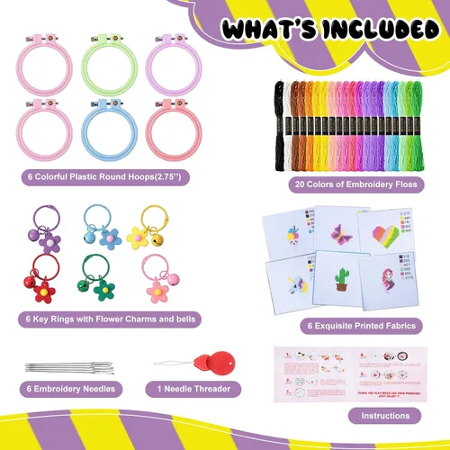 Miniatura 2 de Chuangdi Juego de 6 juegos de punto de cruz para niños, kit de bordado fácil estampado para principiantes y niñas de 7 a 13 años, juego