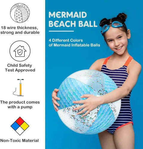Miniatura 2 de Honoson Bola de playa de sirena de 16 pulgadas, bola de playa inflable gigante con purpurina, bola de playa con purpurina, regalos de fiesta