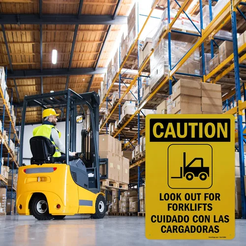 Miniatura 9 de SmartSign - S-8498-AL-14 Letrero bilingüe "Precaución - Cuidado con las carretillas elevadoras" Aluminio de 10" x 14