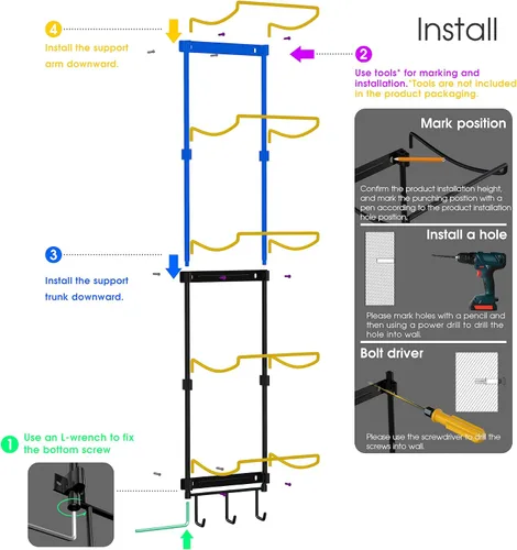 Miniatura 6 de Soporte para tapete de yoga, organizador de pared, rodillo de espuma de almacenamiento y bloque, con 5 secciones y 3 ganchos para colgar correa