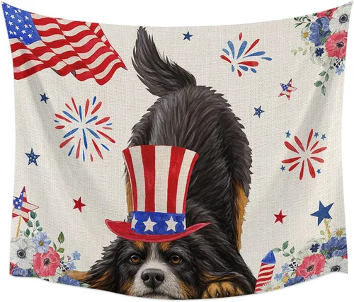 Miniatura 4 de LooPoP Tapiz para colgar en la pared del 4 de julio, con bandera de Estados Unidos, tapices de perros, sombreros estéticos, rayas de amapola