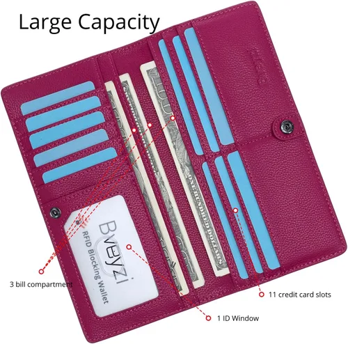 Miniatura 3 de Bveyzi Billeteras de cuero ultrafino con bloqueo RFID para tarjetas de crédito, billetera plegable para mujer, Rosa encendido