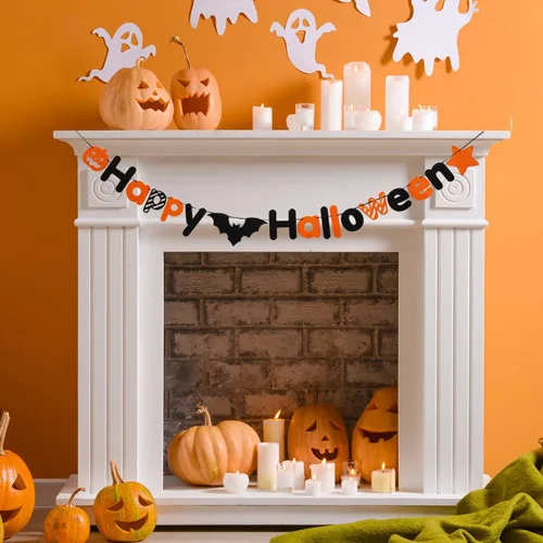 Miniatura 7 de JSDJ Cartel de Feliz Halloween, guirnalda de fieltro con decoraciones de calabaza araña, suministros de fiesta para uso en interiores, pared
