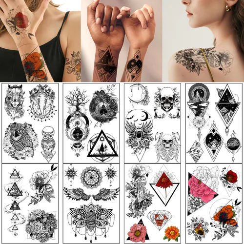 Yazhiji 32 hojas de tatuajes temporales para adultos, tótem, flor de rosa, girasol, tatuajes falsos para mujeres y hombres, brazo planeta Hlalf