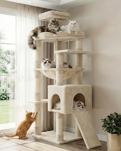 Heybly Árbol para gatos resistente, torre de 64.2 pulgadas de alto para gatos grandes de interior con estructura ampliada, muebles para gatos con